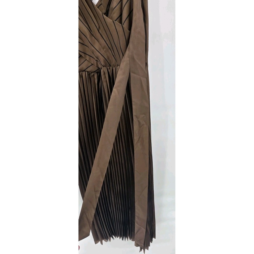 AMOUR VERT CAMBRIA DRESS WOMENS SMALL BRONZE OLIVE PINSTRIPE PLEATED MIDI NEW!! - Picture 10 of 15